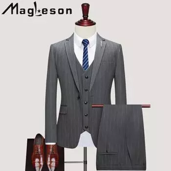 Мужская одежда Деловой повседневный костюм Мужской костюм-тройка в полоску Тонкий свадебное платье для жениха Формальные костюмы и блейзеры S чёрный
