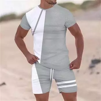 Мужская одежда Футболка Костюмы Спортивный костюм Цветных блоков с круглым вырезом Уличная одежда с коротким рукавом 2 шт. Одежда Весна и лето XXL