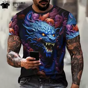Мужская одежда Футболка с драконом Модная футболка с 3D-принтом Футболка с короткими рукавами и рисунком животных Футболка большого размера Уличные повседневные топы 5XL