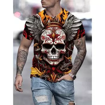 Мужская одежда Футболка с графическим принтом скелета, свободная футболка для мужчин, летняя и весенняя, свободная, в стиле панк, с коротким рукавом, для активного отдыха S