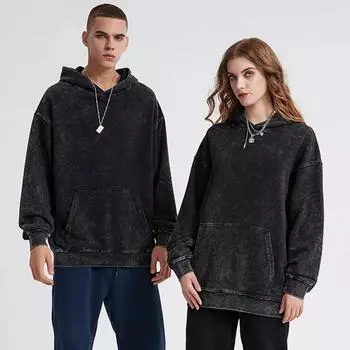 Мужская одежда из 100% хлопка, винтажные черные толстовки с кислотной стиркой, мужские и женские толстовки в стиле хип-хоп, повседневные пуловеры M чёрный