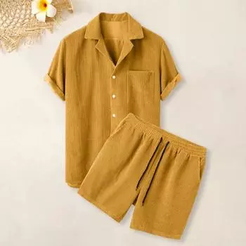 Мужская одежда из 2 шт./компл., однобортная рубашка с короткими рукавами и эластичным шнурком на талии, широкая штанина L армия зеленый