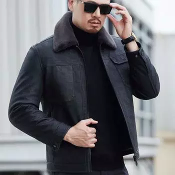 Мужская одежда из натуральной кожи, мужской пуховик, зимняя утолщенная кожаная куртка на флисовой подкладке, пальто M чёрный