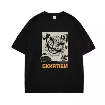 Мужская одежда | Китайская шикарная футболка с коротким рукавом в национальном стиле, мужская летняя свободная футболка для пары в американском стиле ретро, модная футболка S чёрный