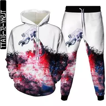 Мужская одежда, костюм астронавта, Harajuku, Galaxy Planet Moon, спортивный костюм с 3D принтом, женские толстовки + брюки, большие размеры, весна-осень XXL