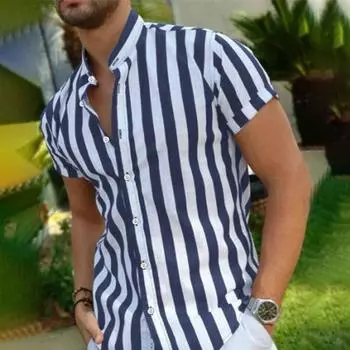 Мужская одежда Летняя новая мужская рубашка с коротким рукавом и воротником-стойкой в полоску 100% полиэстер мужская рубашка на пуговицах S синий