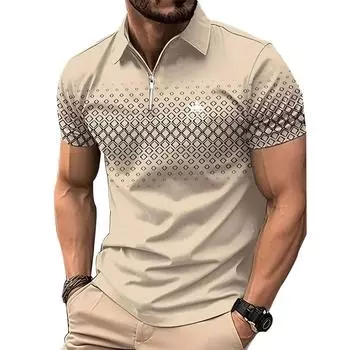 Мужская одежда Летняя повседневная модная рубашка поло с коротким рукавом на молнии Мужская спортивная рубашка поло с лацканами и цифровым принтом 3D S