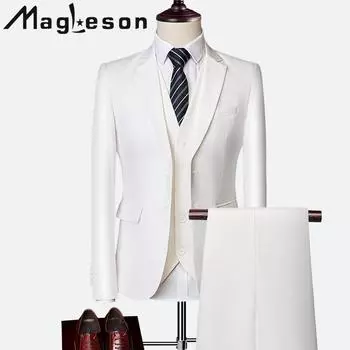 Мужская одежда Мужской деловой повседневный костюм из трех частей Тонкий костюм жениха Мужская одежда Костюмы и блейзеры M красный