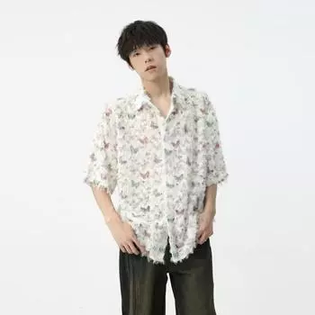 Мужская одежда | Новая французская уникальная рубашка с жаккардовой бахромой и цветными бабочками M разноцветный