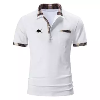 Мужская одежда. Новая модная трендовая рубашка поло с лацканами. Мужская рубашка поло с короткими рукавами и карманами. Топы. S белый