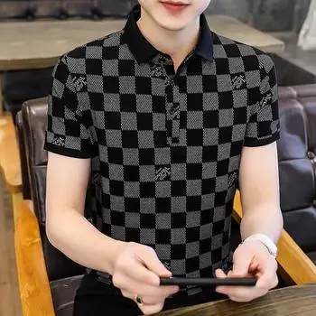 Мужская одежда, новые летние корейские модные повседневные рубашки поло с принтом, летние молодежные тонкие пуловеры с короткими рукавами, футболки 2023 L золотой
