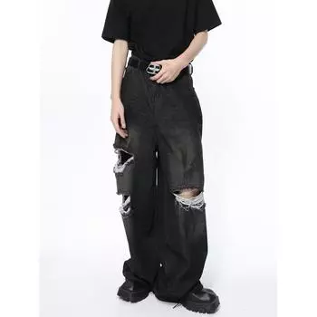 Мужская одежда Новый продукт American High Street Потертые прямые джинсы в стиле ретро свободные джинсы тренд M чёрный