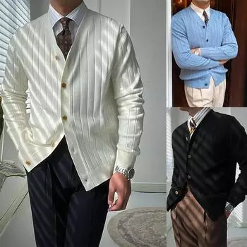 Мужская одежда однотонный вязаный свитер мужской синий V-образный вырез простой приталенный деловой кардиган японский ретро новый осенне-зимний шерстяной свитер M синий