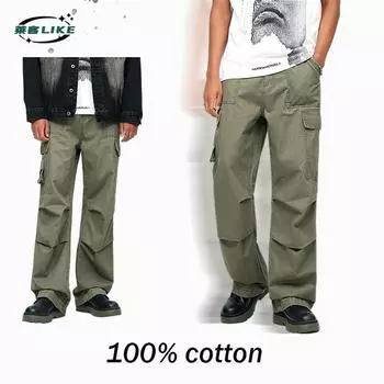 Мужская одежда | Осенне-зимние ретро-функциональные брюки-парашютисты с множеством карманов, прямые брюки-капри, рабочие брюки со средней посадкой, свободные повседневные брюки XS чёрный