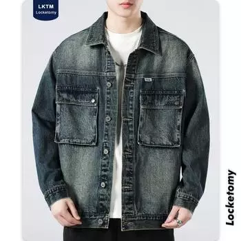 Мужская одежда # Осенняя свободная повседневная джинсовая куртка в американском стиле ретро для мужской работы, универсальная куртка с мытым воротником 4XL
