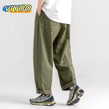 Мужская одежда оверсайз Y2K, хлопковые мешковатые широкие брюки-карго, летняя одежда, прямые брюки в стиле хип-хоп для мужчин, японская уличная одежда M чёрный