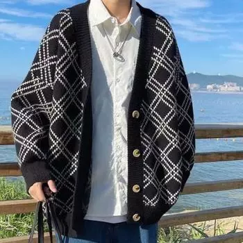 Мужская одежда Пальто с V-образным вырезом Вязаные свитера в клетку для мужчин Черная куртка Кардиган X Fun Осень Зима Уличный корейский стиль свитер Пальто M чёрный