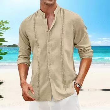 Мужская одежда Повседневная однотонная рубашка с длинным рукавом Топы Весна Лето Мода Воротник-стойка Свободные льняные футболки Кардиган Мужской уличный стиль S белый