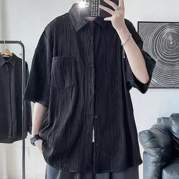 Мужская одежда Прямые мужские рубашки с отложным воротником Весна Лето Тонкий Темперамент Красивые карманы на пуговицах Короткий рукав S чёрный