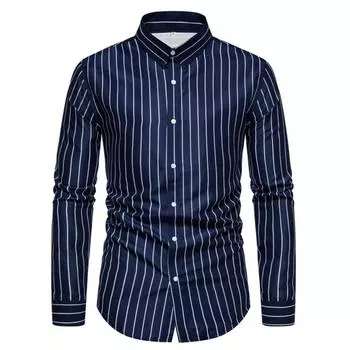 Мужская одежда Рубашка в полоску с длинным рукавом 100% полиэстер Мужская повседневная рубашка с лацканами Топы S темно-синий