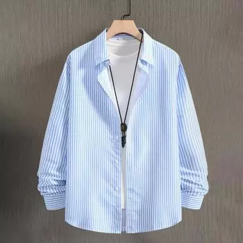 Мужская одежда Рубашка в полоску с длинным рукавом 100% полиэстер Мужская повседневная рубашка с лацканами Топы S темно-синий