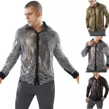 Мужская одежда с длинным рукавом для выступлений, масштабная рубашка с длинным рукавом и воротником, одежда для вечеринок в стиле диско 70-х годов 3XL чёрный