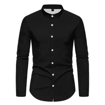 Мужская одежда с длинным рукавом, модная рубашка с воротником-стойкой, однотонная рубашка для мужчин, деловая повседневная рубашка, топы S чёрный