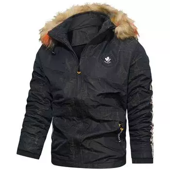 Мужская одежда с хлопковой подкладкой. Зимняя мужская модная одежда с капюшоном и хлопковой подкладкой. Куртка с большим меховым воротником из жаккардовой ткани с утолщенной хлопковой подкладкой. XL чёрный