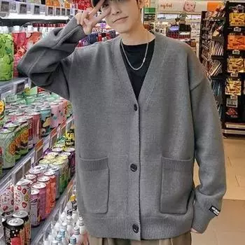 Мужская одежда с карманами вязаные свитера для мужчин пальто однотонный однотонный жакет кардиган значок V-образный вырез оверсайз уродливая корейская мода M серый