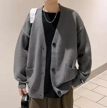 Мужская одежда с карманами вязаные свитера для мужчин пальто однотонный однотонный жакет кардиган значок V-образный вырез оверсайз уродливая корейская мода M серый
