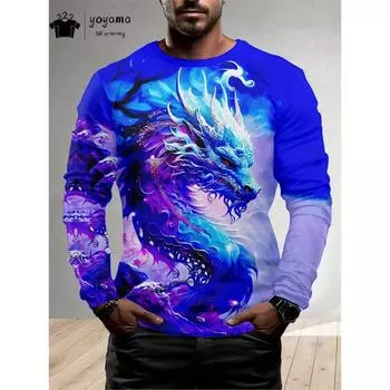 Мужская одежда с принтом дракона, мужская футболка с длинным рукавом и 3D-принтом, классическая повседневная мужская одежда, дышащая футболка с круглым вырезом, мужские топы S