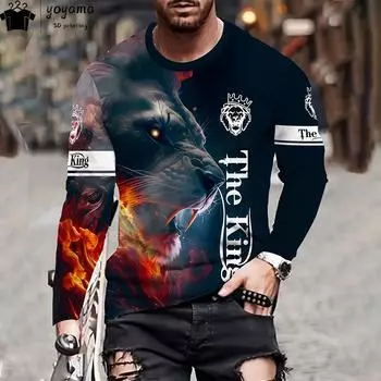Мужская одежда с принтом льва Футболки с 3D-принтом и рисунком льва Модная мужская футболка с длинным рукавом Мужская одежда Футболка Мужская одежда S