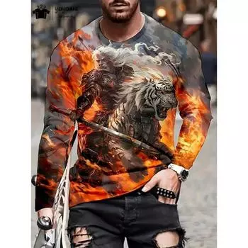 Мужская одежда с принтом тигра, модная мужская футболка с длинным рукавом, футболка с круглым вырезом и 3D-принтом, мужские футболки с принтом тигра, верхняя одежда S
