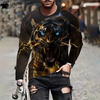 Мужская одежда с принтом тигра Повседневные свободные мужские рубашки Футболки с 3D-принтом и рисунком тигра Дышащие мужские футболки с длинным рукавом Топы S