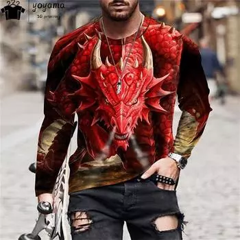 Мужская одежда с принтом животных, винтажная, с круглым вырезом, футболки для мужчин, повседневные, с длинным рукавом, свободные футболки, модные уличные футболки, топы S