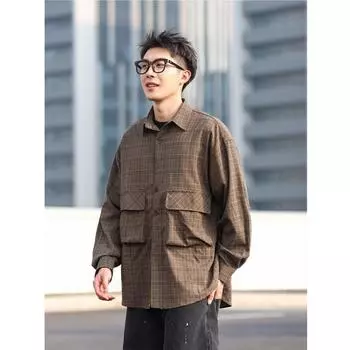 Мужская одежда серии B Dong Ri в стиле ретро с большими карманами и лацканами в клетку с длинным рукавом, пальто, рубашка M хаки