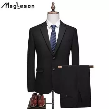 Мужская одежда, стильный деловой костюм, комплект из 2 предметов, мужской костюм, деловой офисный свадебный костюм, куртка + брюки, костюмы и блейзеры S чёрный