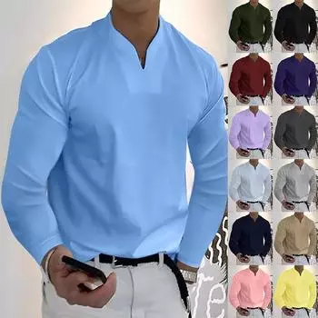 Мужская одежда, свободные футболки с v-образным вырезом и длинными рукавами, однотонные топы, повседневные футболки, мужские рубашки S чёрный