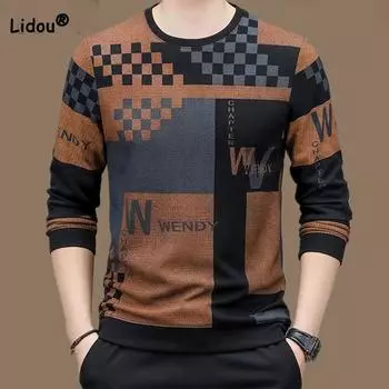 Мужская одежда трендовые принтованные длинные рукава пуловеры топы 2023 весна осень мода круглый вырез высококачественная роскошная футболка для меня S чёрный/серый