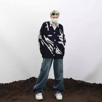 Мужская одежда V-образный вырез синий кардиган графический вязаный свитер мужской в овечьей шкуре эстетический мем Maletry большой размер корейская мода XXL серый