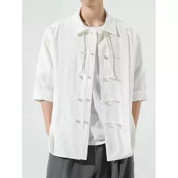 Мужская одежда в китайском стиле, рубашка в китайском стиле, мужская рубашка на пуговицах, классная вышивка в виде листьев бамбука, костюм в стиле Тан из Китайской Народной Республики M белый