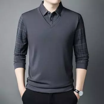 Мужская одежда весна осень поддельные две части отложной воротник пуловер с длинным рукавом контрастного цвета поло футболка топы L синий