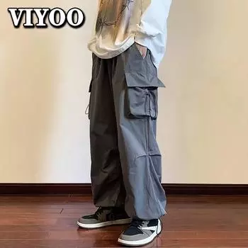 Мужская одежда Y2K Брюки-карго Уличная одежда с карманами на шнурке и эластичной резинкой на талии Мешковатые брюки Хип-хоп Свободные женские широкие брюки Комбинезоны S серый