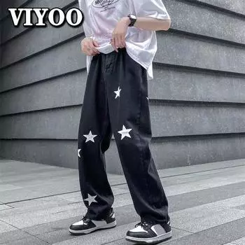 Мужская одежда Y2K Джинсы с принтом звезд Мужские свободные повседневные черные джинсовые брюки High Street Прямые широкие брюки в стиле хип-хоп Мешковатые джинсы для мужчин