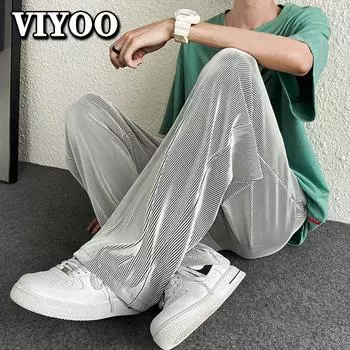 Мужская одежда Y2K, летние эластичные шелковые брюки, брюки, уличная одежда, спортивные штаны в стиле Харадзюку, фитнес, корейский стиль, мода M чёрный