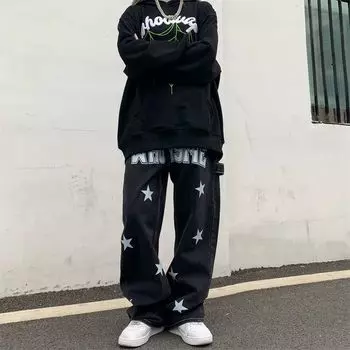 Мужская одежда Y2K, винтажные черные мешковатые джинсы с принтом Strar, мужские прямые брюки, джинсовые брюки High Street, уличная одежда для женщин, высокое качество S чёрный