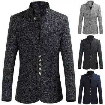Мужская однобортная куртка Zhongshan Slim Suit однотонного цвета на весну и осень больших размеров с воротником 5XL