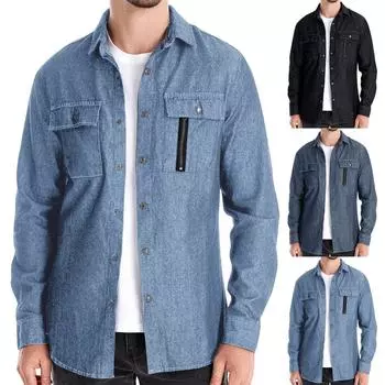 Мужская однотонная джинсовая рубашка с лацканами и пуговицами, мужская повседневная рубашка с длинным рукавом и карманом, выстиранная L чёрный