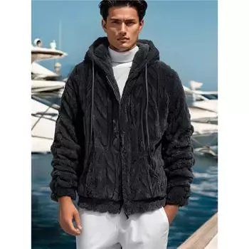 Мужская однотонная флисовая куртка с капюшоном, куртка с длинными рукавами и застежкой-молнией, уютный теплый модный утепленный кардиган L чёрный