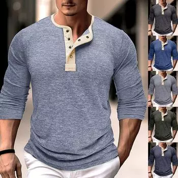 Мужская однотонная футболка Henley с длинным рукавом, повседневный пуловер, свободные топы, однотонная блузка